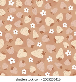 Seamless pattern with strawberries and flowers. Cute simple print for kids. Boho cute background