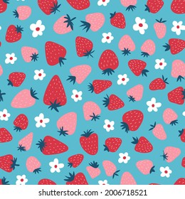 Seamless pattern with strawberries and flowers. Cute simple print for kids. Сute background