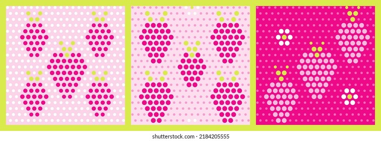 Nahtloses Muster mit Erdbeeren und Blumen. Endloses Muster mit Punktstruktur für Kücheninnenausstattung, Kinderbekleidung, Verpackungspapier, Scrapbooking oder andere Verwendung. Vektorgrafik. Set.