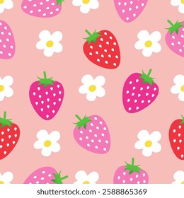 Seamless pattern with strawberries and Flowers for fashion printing, vector illustration