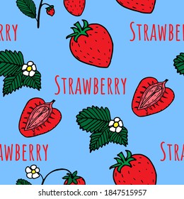 Patrón sin foco con fresas con flores y hojas. Colores brillantes. Fondo azul, ilustración vectorial