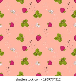 Seamless pattern with strawberries, flowers and leaves in a simple scandinavian style with black outline outline. Vector illustration for printing on paper, packaging, fabric, tablecloth, wallpaper