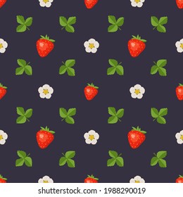 Seamless pattern with strawberries, flowers and leaves. Cute summer or spring berry print on a dark background. Festive decoration for textiles, wrapping paper and designs. Vector flat illustration
