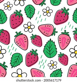 Patrón sin foco con fresas, flores y hojas sobre un fondo blanco. Jugosa ilustración vectorial en estilo doodle. Perfecto para tejidos, papel pintado o envasado