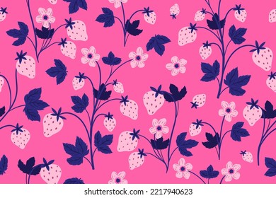 Seamless pattern with strawberries, flowers and leaves on a pink background. Vector graphics.