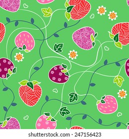 Seamless pattern with strawberries, flowers and leaves on a green background