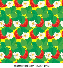 Seamless pattern with Strawberries with flowers and leaves.
