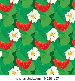 Seamless pattern with Strawberries with flowers and leaves.