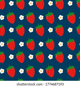 Seamless pattern with strawberries and flowers on a blue background. Сute strawberry and flower leave on blue background seamless pattern, vector illustration design for print fabric or other. 