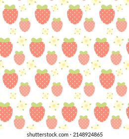 Seamless pattern, strawberries with flowers on a white background. Simple flat style illustration. Vector for fabric, paper and other design.