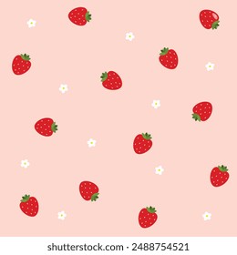 Seamless pattern with strawberries and flowers on pink background