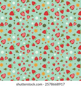 Seamless pattern with strawberries and flowers on a green background.