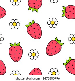 Seamless pattern with strawberries and flowers. Vector illustration.