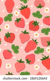 Seamless pattern with strawberries and flowers. Vector graphics.