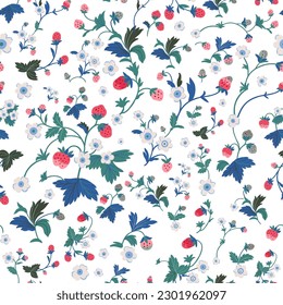 Patrón sin foco con fresas y flores, bayas silvestres, hojas. Ilustración de textura sin fisuras vectorial para la cubierta de verano, patrón de papel tapiz botánico, fondo blanco.