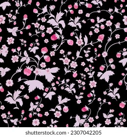 Patrón sin foco con fresas y flores, bayas silvestres, hojas. Ilustración de textura transparente vectorial para la cubierta de verano, patrón de papel tapiz botánico, fondo negro.