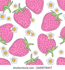 Seamless pattern with strawberries and flowersfor fashion printing, vector illustration
