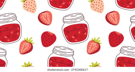 Seamless pattern with strawberries and glass jam jars for kitchen textile design artisanal food packaging and summer pantry wallpaper