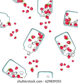 Seamless pattern with strawberries and glass jars