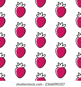 Patrón sin foco con fresas en estilo gráfico dibujado a mano.