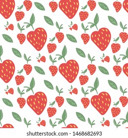 Seamless pattern with strawberries and green leaves. Endless texture for design. Vector background with green leaves and strawberries for packaging, design, wedding announcements, fabric, textile.