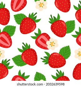 Seamless pattern with strawberries, green leaves and flowers. Can be used for wallpaper, pattern fills, web page background, surface textures