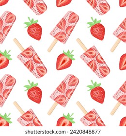 Seamless pattern of strawberries with green leaves and strawberry ice cream on a stick. Vector illustration on a white background.