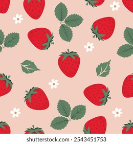 Seamless pattern with strawberries and green leaves for fashion printing, vector illustration