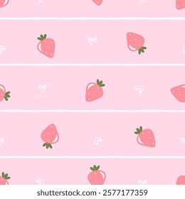 Seamless pattern of strawberries with green leaves, hand drawn hearts and stripe line on pink background vector.