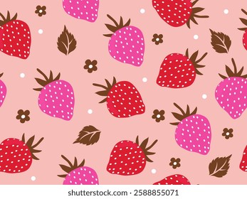 Seamless pattern with strawberries and green leaves for fashion printing, vector illustration