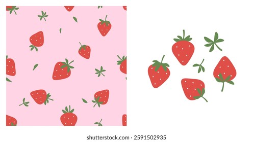 Seamless pattern of strawberries with green leaves on pink background. Set of strawberries with green leaves isolated on white background vector.