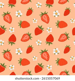 Seamless pattern with strawberries and green leaves for fashion printing, vector illustration