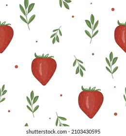 Patrón sin soldadura con fresas y ramas verdes papel envolvente, fondo, tarjeta de saludo, textil, impresión