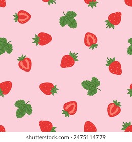 Seamless pattern with strawberries, halves and leaves. Vector graphics.