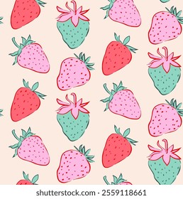 Seamless pattern of strawberries. Hand drawn colorful, red, pink strawberry pattern and background. Vector illustration