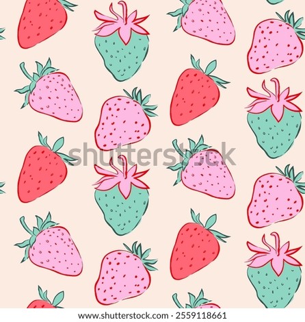 Seamless pattern of strawberries. Hand drawn colorful, red, pink strawberry pattern and background. Vector illustration