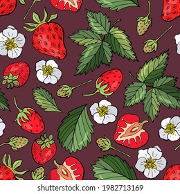 Seamless pattern with strawberries. Hand-drawn style. Design for fabrics, textiles, wallpapers, packaging, cafes.