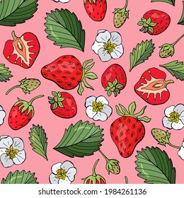 Seamless pattern with strawberries. Hand-drawn style. Design for fabrics, textiles, wallpapers, packaging, cafes.	