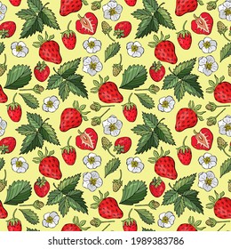 Seamless pattern with strawberries. Hand-drawn style. Design for fabrics, textiles, wallpapers, packaging, cafes.	