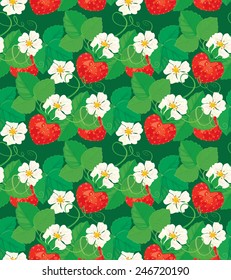 Seamless pattern with Strawberries in heart shapes with flowers and leaves. 