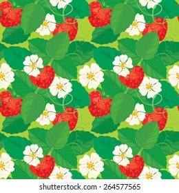 Seamless pattern with Strawberries in heart shapes with flowers and leaves.  