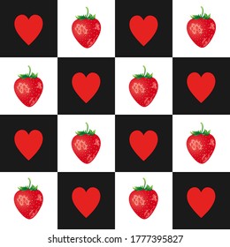 Patrón inexorable de fresas y corazones