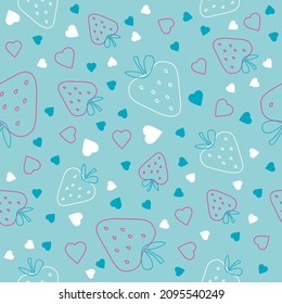 Seamless pattern with strawberries and hearts on a blue background. Berry summer pattern in artline style. Minimalistic pattern with berries.