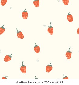 Seamless pattern with strawberries and hearts on white background. Vector illustration for wrapping paper, fabric, clothes.