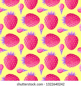 Seamless pattern with strawberries and ice cream on yellow background. Surface pattern.It be perfect for fabric, wrapping,packaging, digital paper and more.