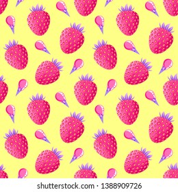 Seamless pattern with strawberries and ice cream on yellow background. Surface pattern.It be perfect for fabric, wrapping,packaging, digital paper and more.