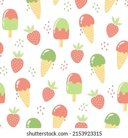 Nahtloses Muster mit Erdbeeren und Eis. Sommerhintergrund in hellen Farben. Handgezeichnete, trendige Vektorgrafik für das Textildesign.
