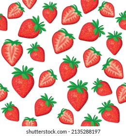 Seamless pattern from strawberries isolated on a white background. Pattern with whole and pieces of strawberries.Gift wrapping, wrapping paper. Vector illustration