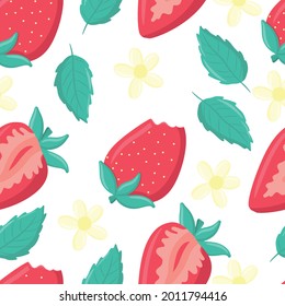 Patrón sin foco con fresas, impresiones jugosas de verano, patrones brillantes, bayas de verano, flores y hojas, dibujos animados bonitos, elementos para crear diseños, ropa de cama, cortinas, manteles