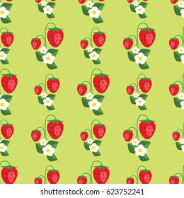 Seamless pattern with strawberries, leafs and flowers. Vector background